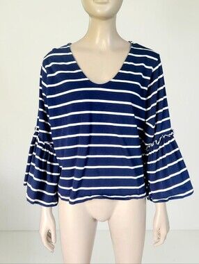 Madewell Cotton Irwin Stripe Bell Sleeve Crop Top Nautical Womens L Navy White